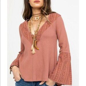 Free People Parisian Nights Eyelet Bell Sleeve Top in Sayulita Rose Size XS